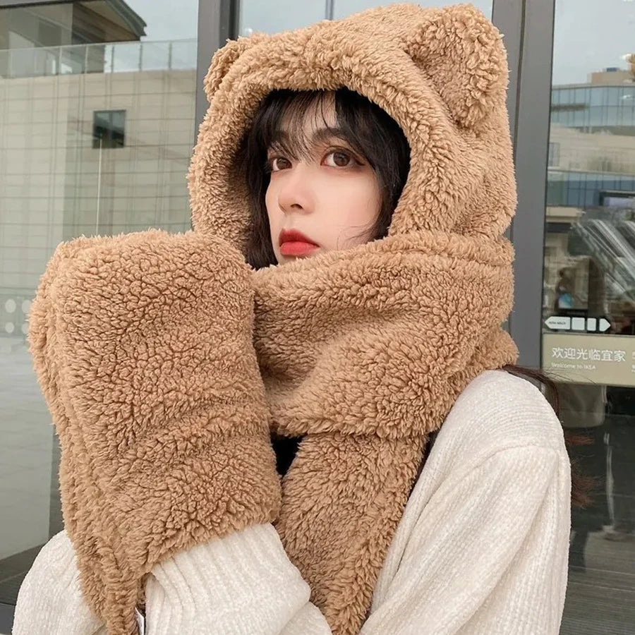 Cute Bear Ear Hat Fashion Winter Warm Comforts Polyester Thickened Plush Hoodie Hat Scarf Gloves Set Girl Kawaii Warm Casual Hat