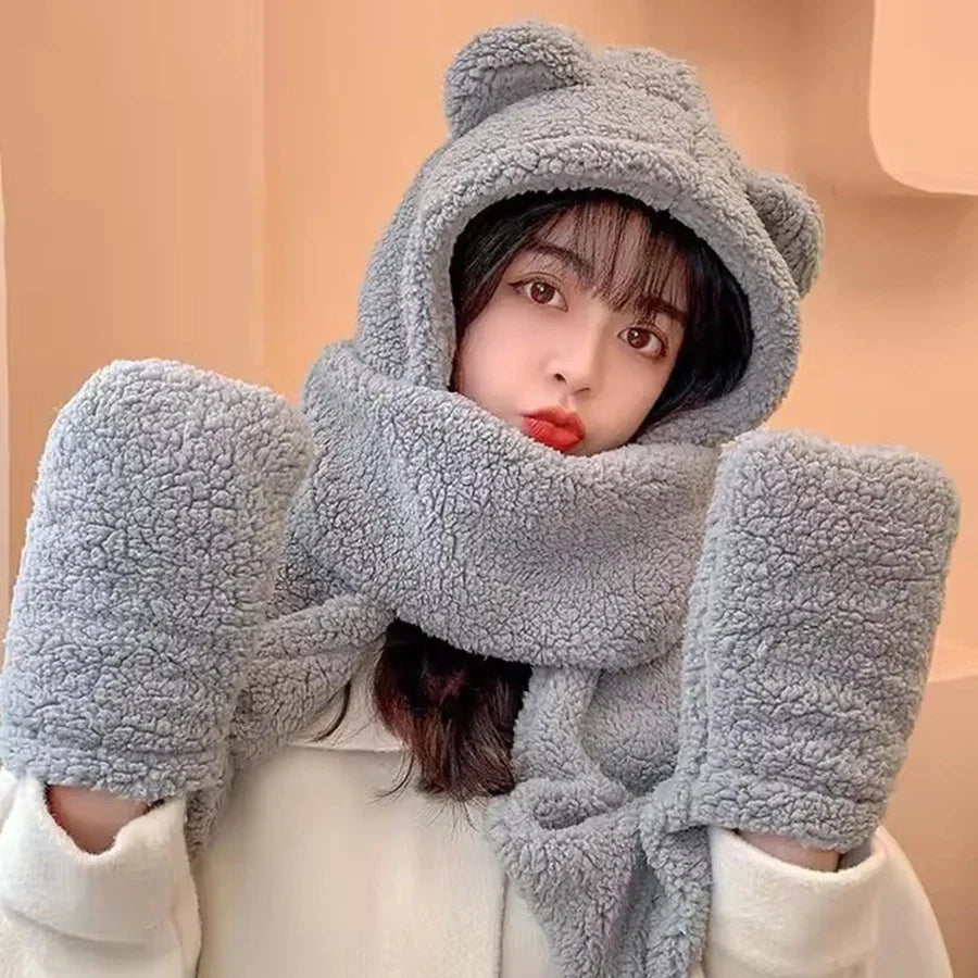 Cute Bear Ear Hat Fashion Winter Warm Comforts Polyester Thickened Plush Hoodie Hat Scarf Gloves Set Girl Kawaii Warm Casual Hat