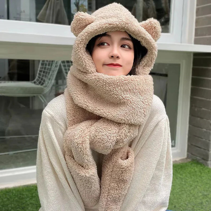 Cute Bear Ear Hat Fashion Winter Warm Comforts Polyester Thickened Plush Hoodie Hat Scarf Gloves Set Girl Kawaii Warm Casual Hat