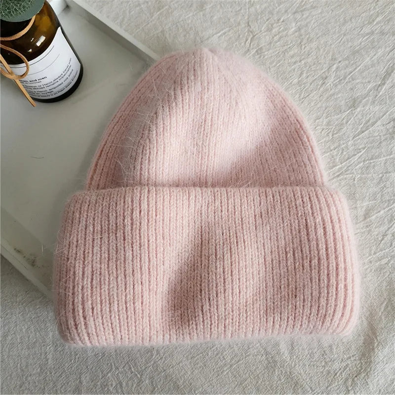 Fashion Warm Cashmere Wool Skullies Angola Rabbit Fur Winter Knitted Beanies Women Cap Female Three Fold Ski Outdoor Hats