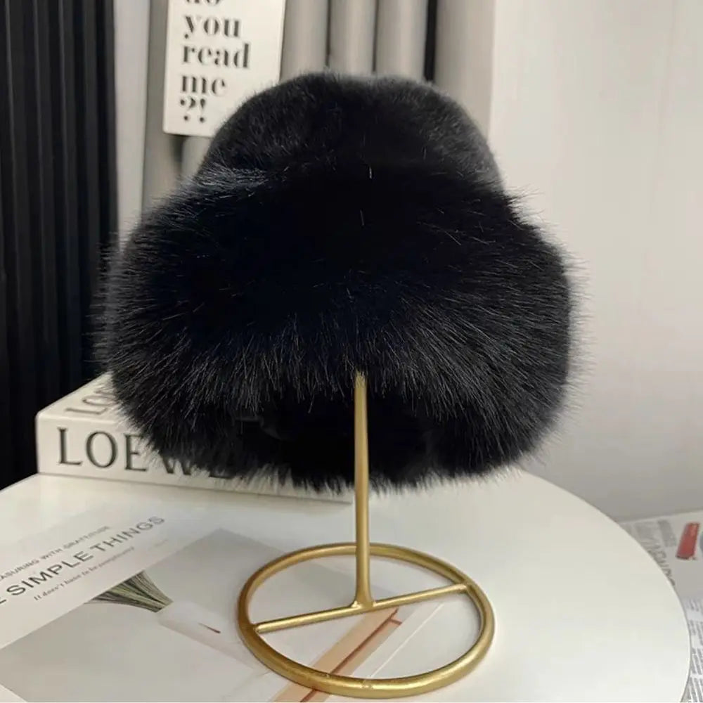 Fluffy Fur Fisherman Hat For Women Winter Plush Ear Protection Cap Windproof Warm Female Panama Caps Solid Fashion Bucket Hat