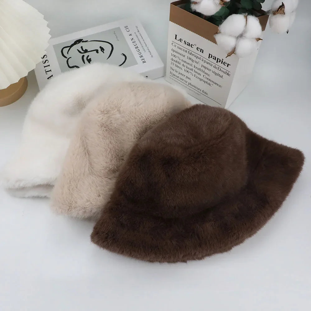 Fluffy Fur Fisherman Hat For Women Winter Plush Ear Protection Cap Windproof Warm Female Panama Caps Solid Fashion Bucket Hat