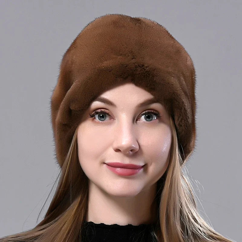 Fur Hat Women Natural Mink Fur Luxury Winter Stylish Hat Ball Snow Cap Elegant Female Thick Warm Hats