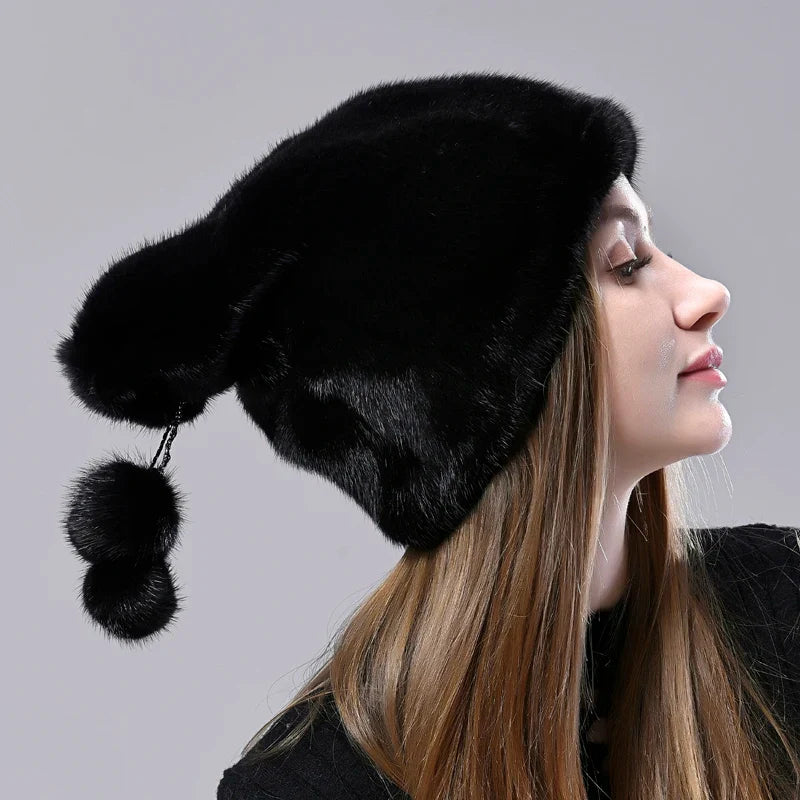 Fur Hat Women Natural Mink Fur Luxury Winter Stylish Hat Ball Snow Cap Elegant Female Thick Warm Hats