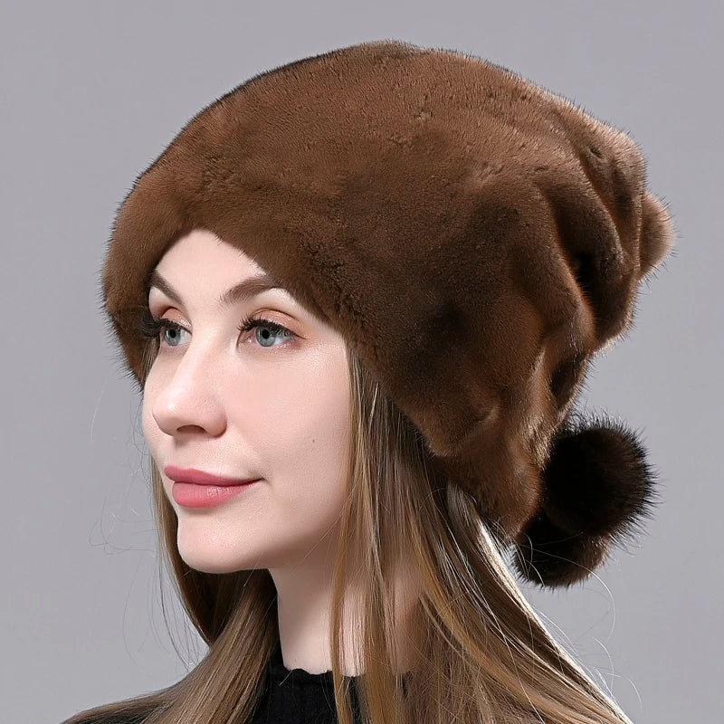 Fur Hat Women Natural Mink Fur Luxury Winter Stylish Hat Ball Snow Cap Elegant Female Thick Warm Hats