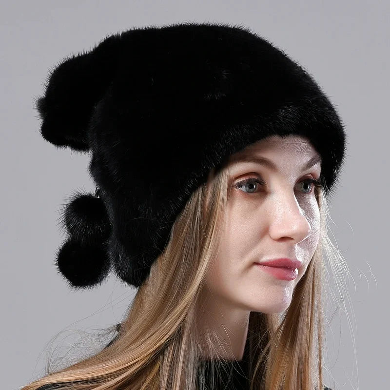 Fur Hat Women Natural Mink Fur Luxury Winter Stylish Hat Ball Snow Cap Elegant Female Thick Warm Hats