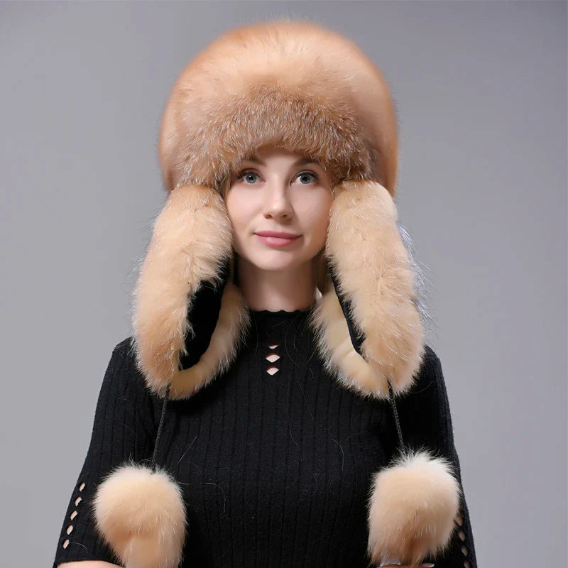 Fur Hats Women Winter Warm Fluffy Fox Fur Bomber Hat with 5 Tails Genuine Real Fur Snow Cap Super anticold Stylish Headwear