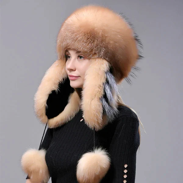 Fur Hats Women Winter Warm Fluffy Fox Fur Bomber Hat with 5 Tails Genuine Real Fur Snow Cap Super anticold Stylish Headwear