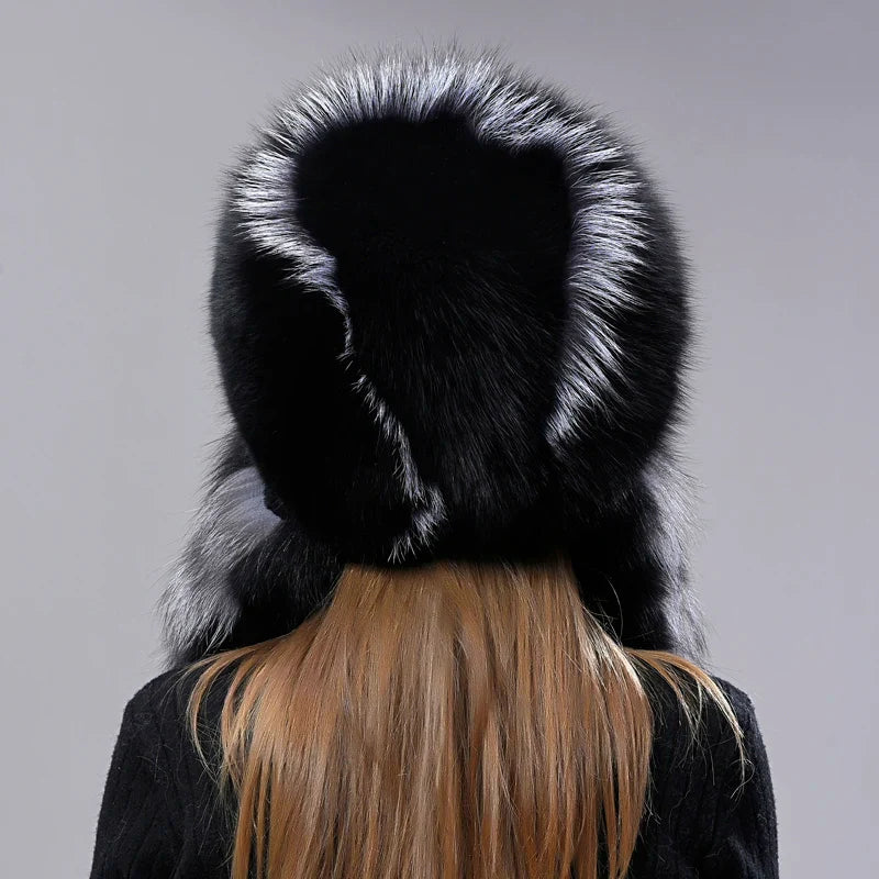 Fur Hats Women Winter Warm Fluffy Fox Fur Bomber Hat with 5 Tails Genuine Real Fur Snow Cap Super anticold Stylish Headwear