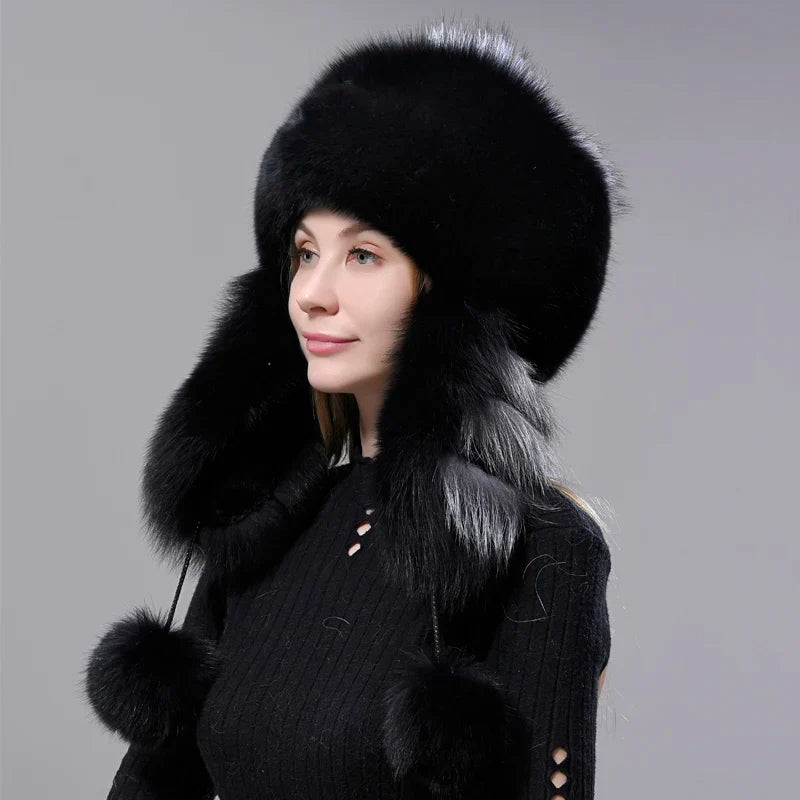 Fur Hats Women Winter Warm Fluffy Fox Fur Bomber Hat with 5 Tails Genuine Real Fur Snow Cap Super anticold Stylish Headwear