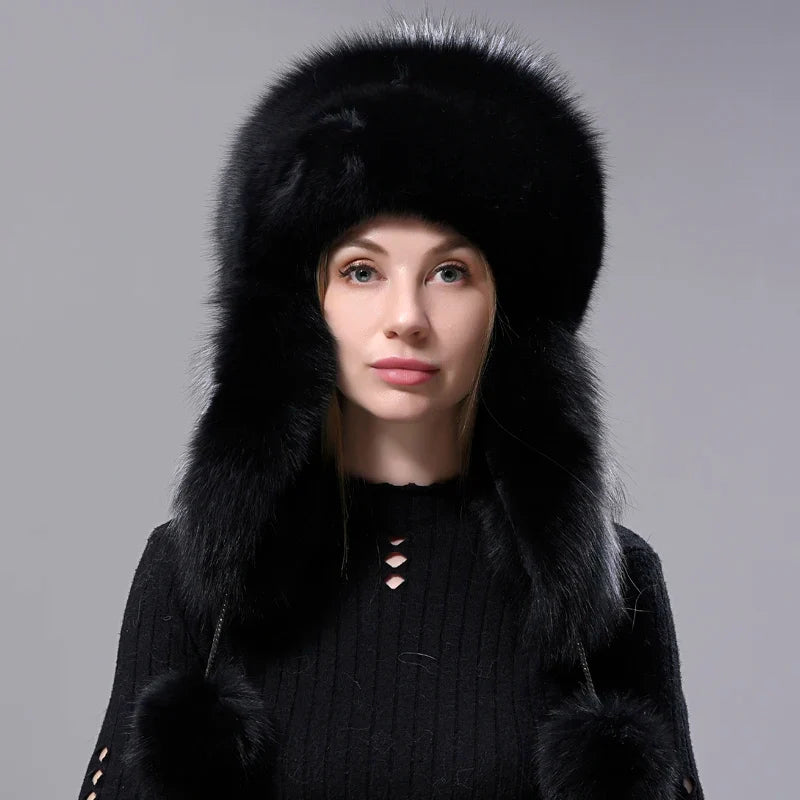 Fur Hats Women Winter Warm Fluffy Fox Fur Bomber Hat with 5 Tails Genuine Real Fur Snow Cap Super anticold Stylish Headwear