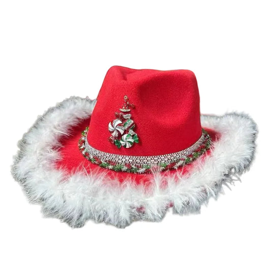 Red Plush Western Cowboy Hat Burningman Ornament Sunhat Shopping Outdoor Dancing Party Music Festival Halloween Hat