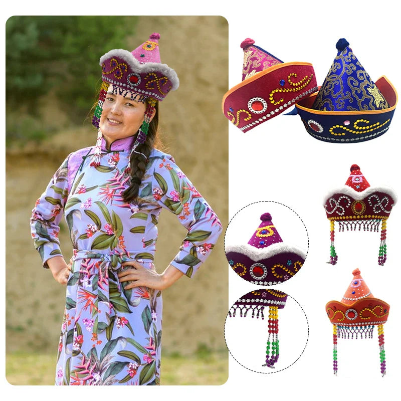 Kids Mongolian Yurt Shaped Queen Princess Hat Headdress Women Mongolian National Minority Hat Festival Dance Headwear Costume