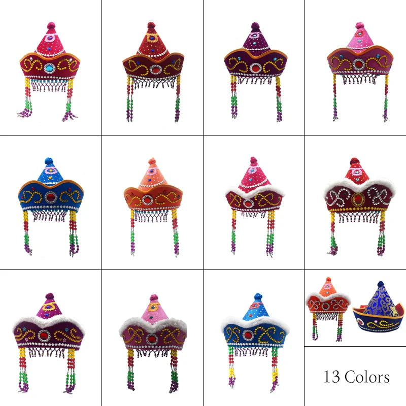 Kids Mongolian Yurt Shaped Queen Princess Hat Headdress Women Mongolian National Minority Hat Festival Dance Headwear Costume