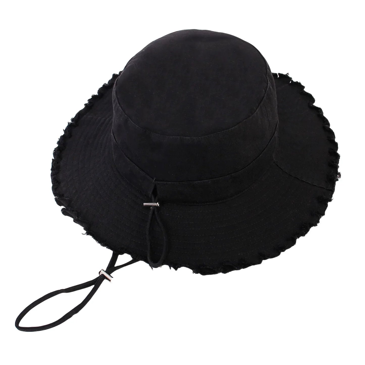 Ladies' denim drawstring torn edge bucket hat, sun resistant outdoor hiking hat, adjustable, fashionable daily travel headwear