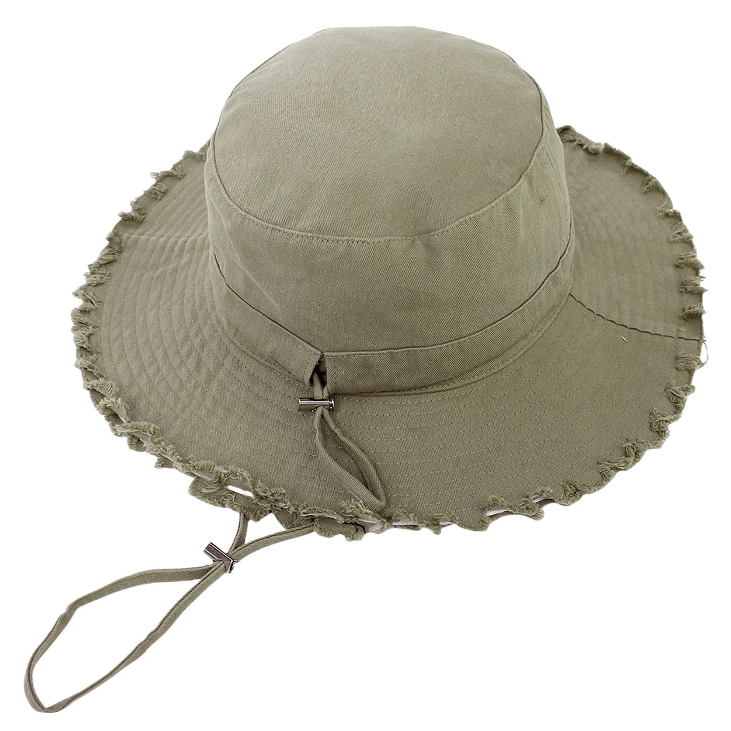 Ladies' denim drawstring torn edge bucket hat, sun resistant outdoor hiking hat, adjustable, fashionable daily travel headwear