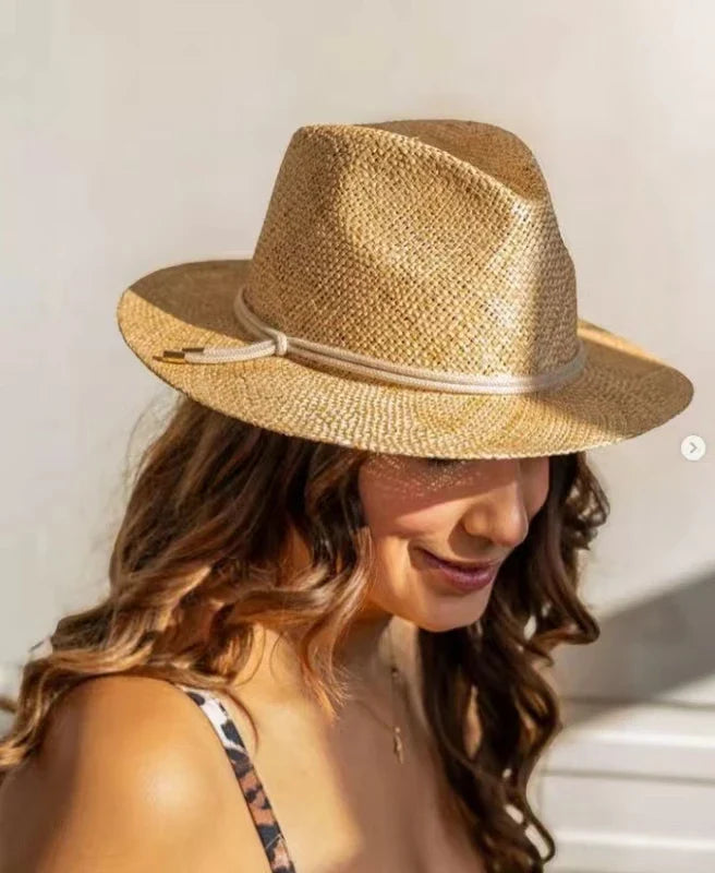 Large Brim Straw Hat Raffia Hand-woven Pattern Straw Hat Sun Protection Beach Sun Hat Women's British Retro Basin Hat