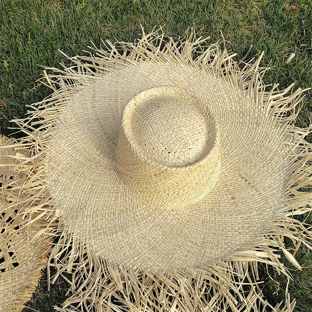 Large Brim Straw Hat Raffia Hand-woven Pattern Straw Hat Sun Protection Beach Sun Hat Women's British Retro Basin Hat