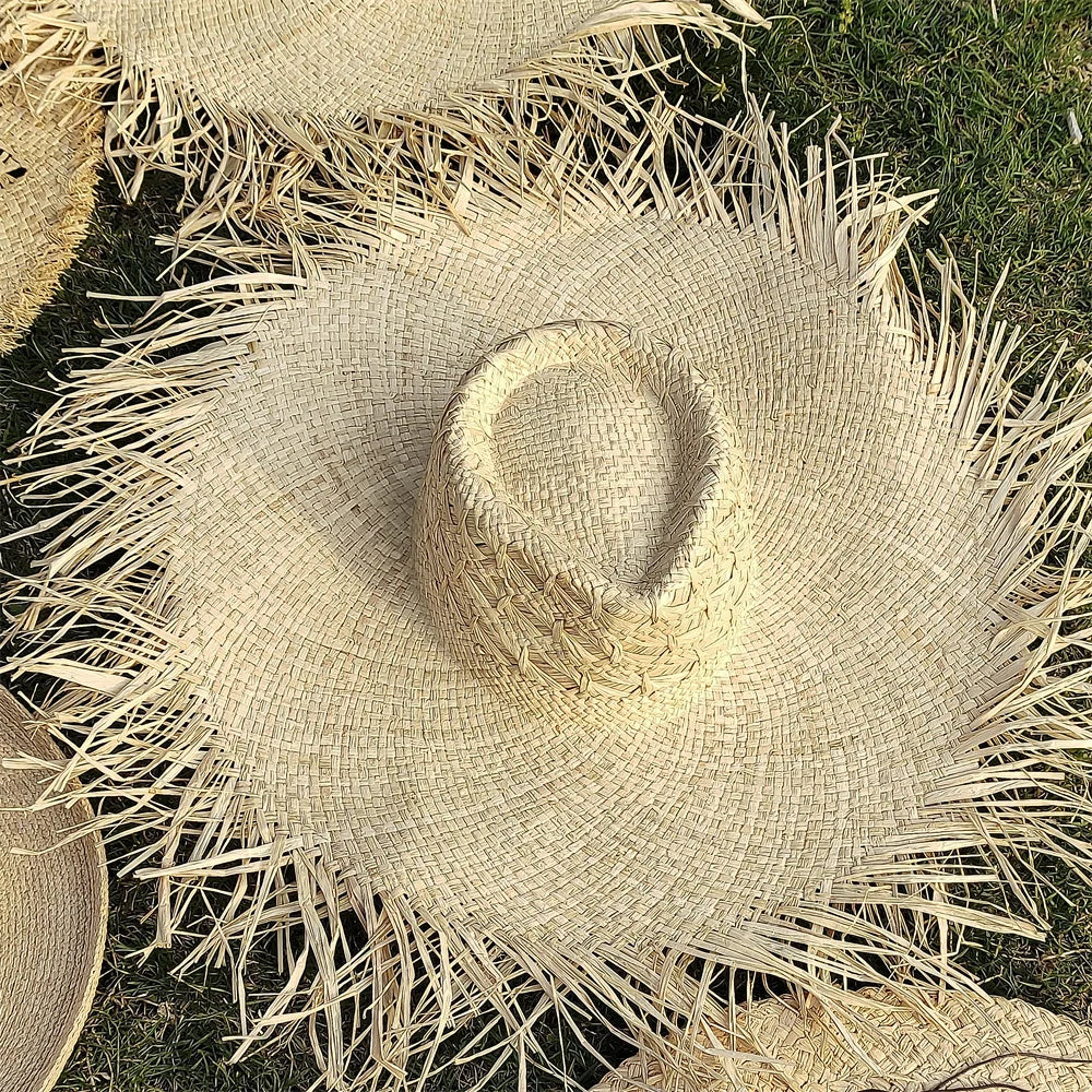 Large Brim Straw Hat Raffia Hand-woven Pattern Straw Hat Sun Protection Beach Sun Hat Women's British Retro Basin Hat