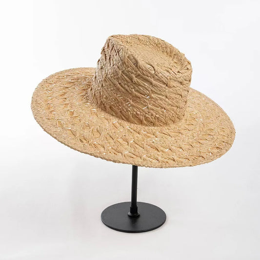 Large Brim Straw Hat Raffia Hand-woven Pattern Straw Hat Sun Protection Beach Sun Hat Women's British Retro Basin Hat