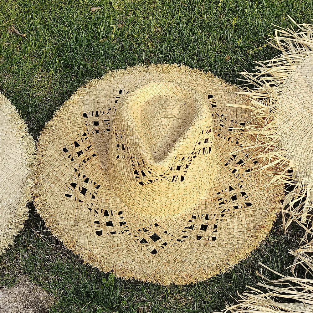 Large Brim Straw Hat Raffia Hand-woven Pattern Straw Hat Sun Protection Beach Sun Hat Women's British Retro Basin Hat