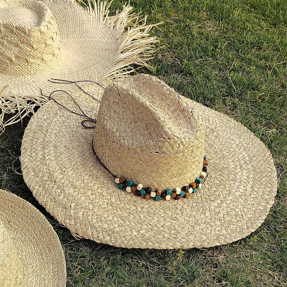 Large Brim Straw Hat Raffia Hand-woven Pattern Straw Hat Sun Protection Beach Sun Hat Women's British Retro Basin Hat