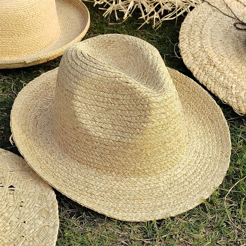 Large Brim Straw Hat Raffia Hand-woven Pattern Straw Hat Sun Protection Beach Sun Hat Women's British Retro Basin Hat