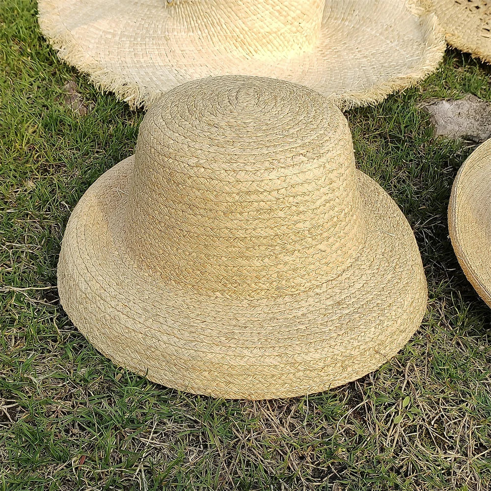 Large Brim Straw Hat Raffia Hand-woven Pattern Straw Hat Sun Protection Beach Sun Hat Women's British Retro Basin Hat