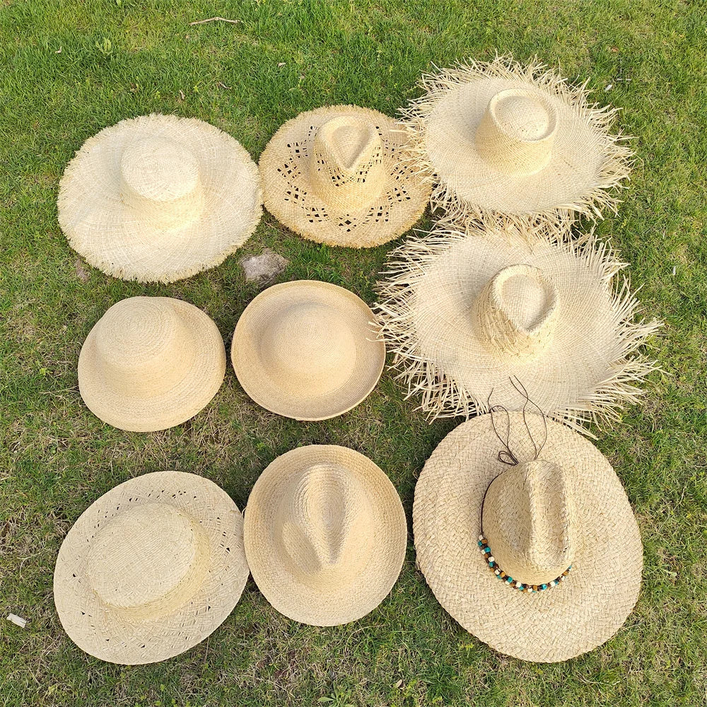 Large Brim Straw Hat Raffia Hand-woven Pattern Straw Hat Sun Protection Beach Sun Hat Women's British Retro Basin Hat