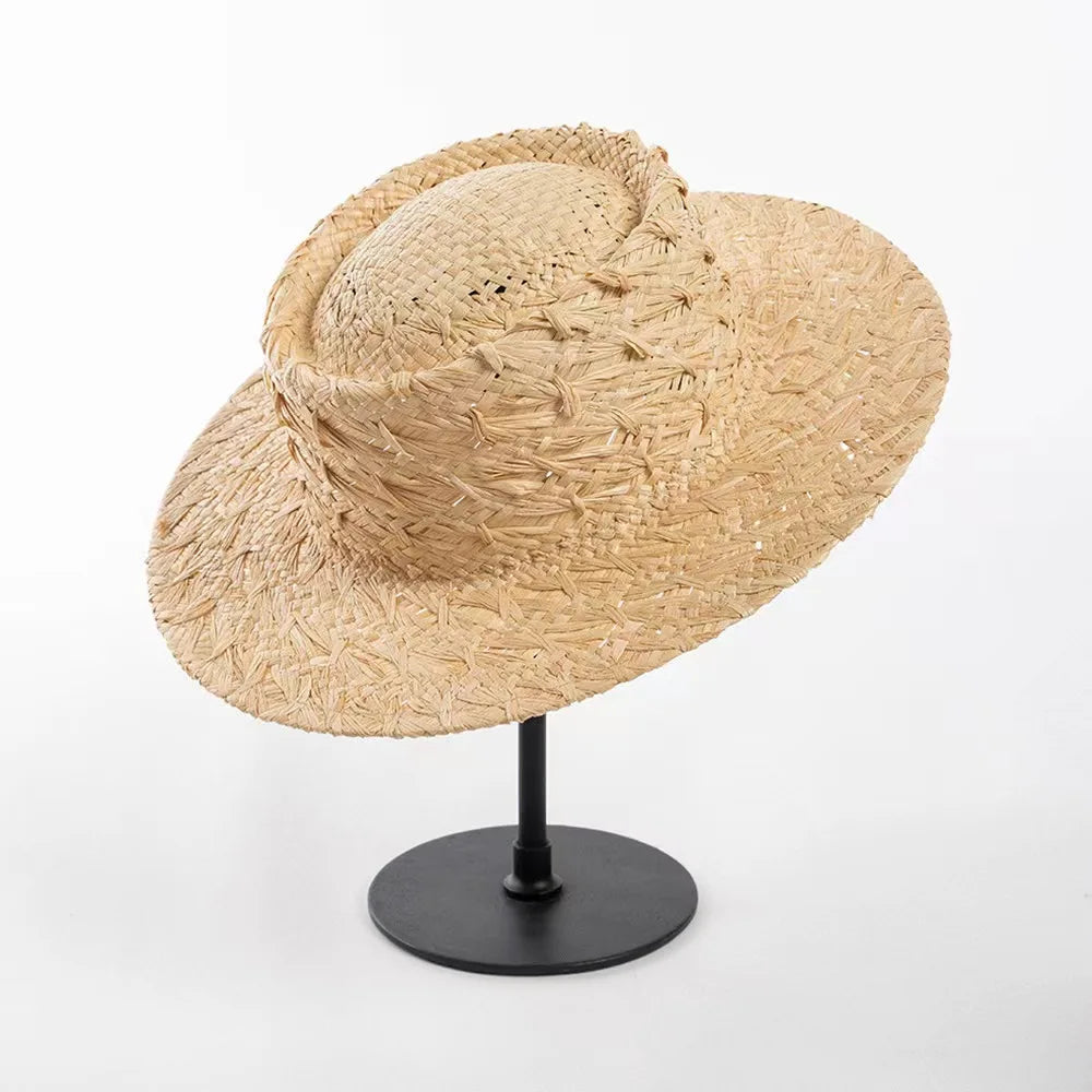 Large Brim Straw Hat Raffia Hand-woven Pattern Straw Hat Sun Protection Beach Sun Hat Women's British Retro Basin Hat