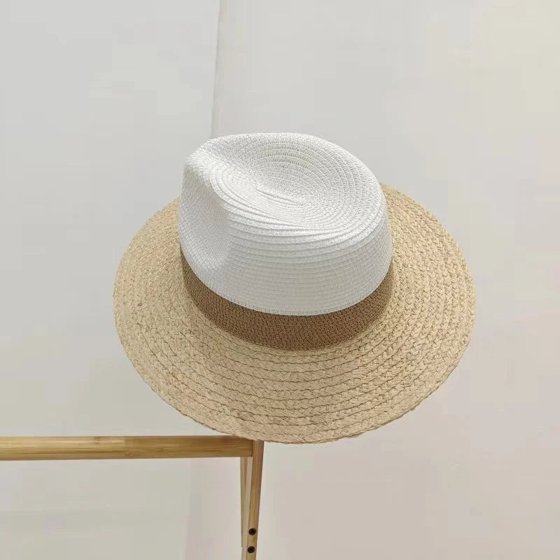 Large Brim Straw Hat Raffia Hand-woven Pattern Straw Hat Sun Protection Beach Sun Hat Women's British Retro Basin Hat