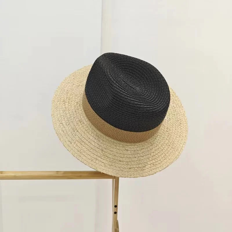 Large Brim Straw Hat Raffia Hand-woven Pattern Straw Hat Sun Protection Beach Sun Hat Women's British Retro Basin Hat