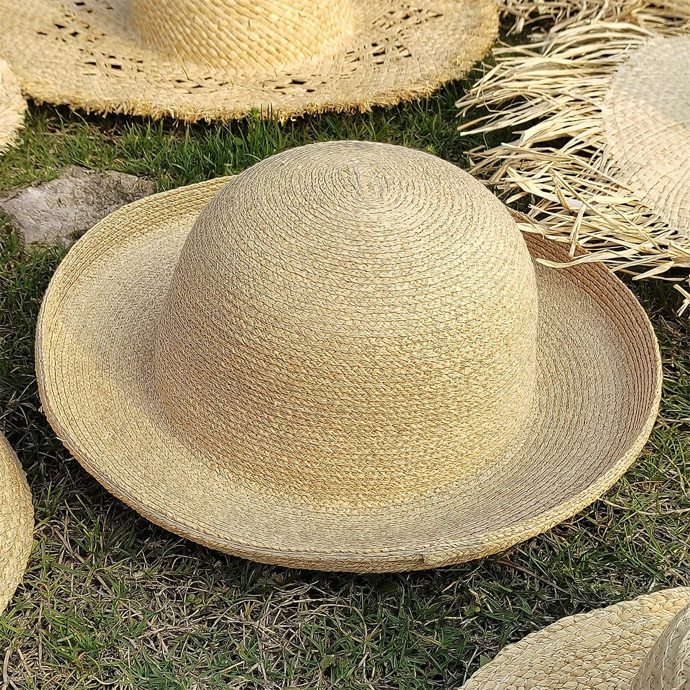 Large Brim Straw Hat Raffia Hand-woven Pattern Straw Hat Sun Protection Beach Sun Hat Women's British Retro Basin Hat