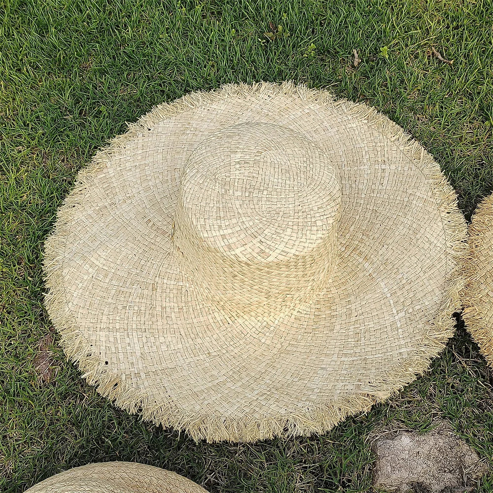 Large Brim Straw Hat Raffia Hand-woven Pattern Straw Hat Sun Protection Beach Sun Hat Women's British Retro Basin Hat