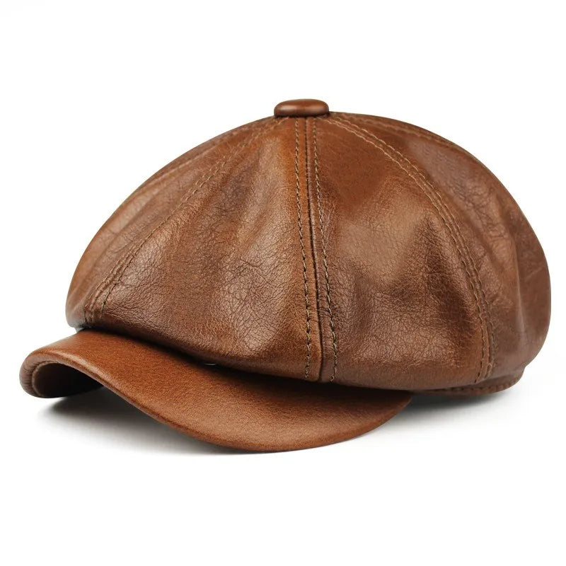 Leather hat Men's fall/winter Beret Winter cowhide octagon peaked cap