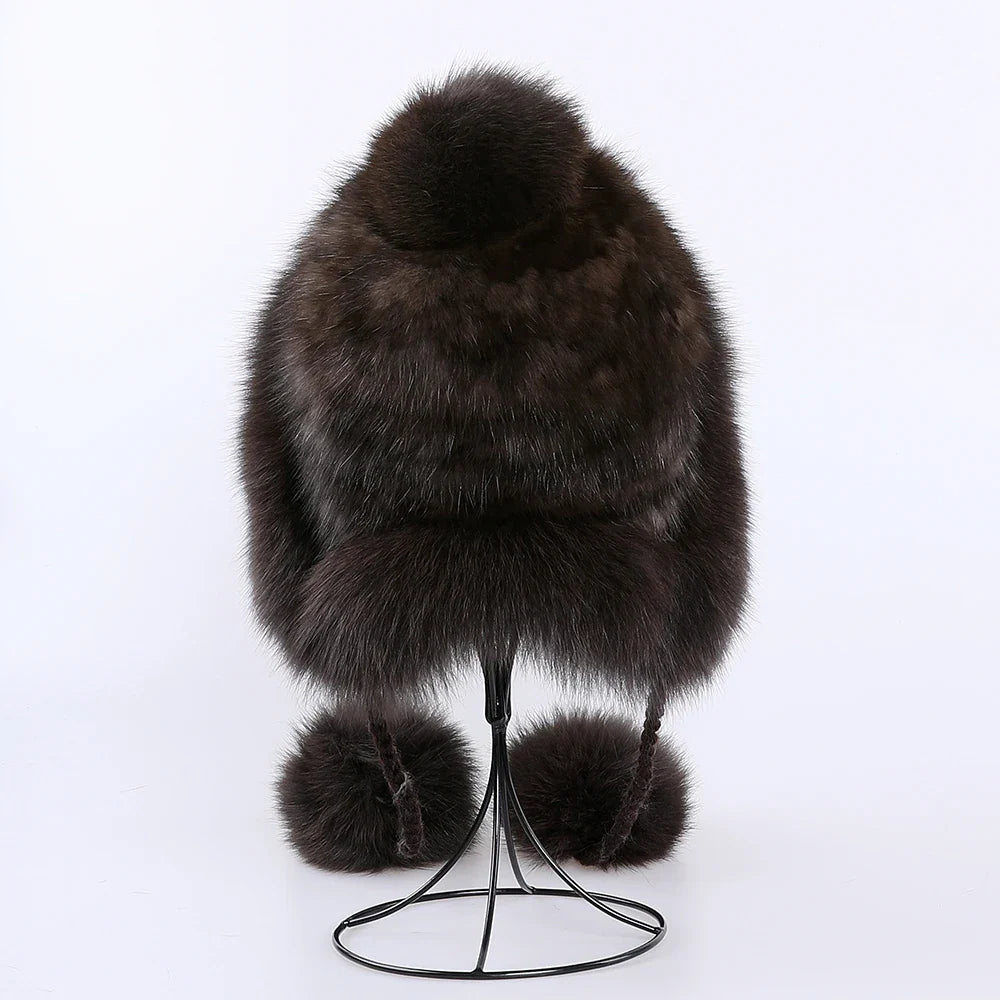 Luxury Women's Winter Genuine Sable Fur Trapper Bomber Hats Mink Fur Ear Flap Caps Helmet Russian Warm Headwear Fox Fur Pom Poms