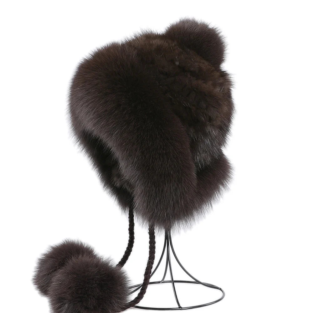 Luxury Women's Winter Genuine Sable Fur Trapper Bomber Hats Mink Fur Ear Flap Caps Helmet Russian Warm Headwear Fox Fur Pom Poms