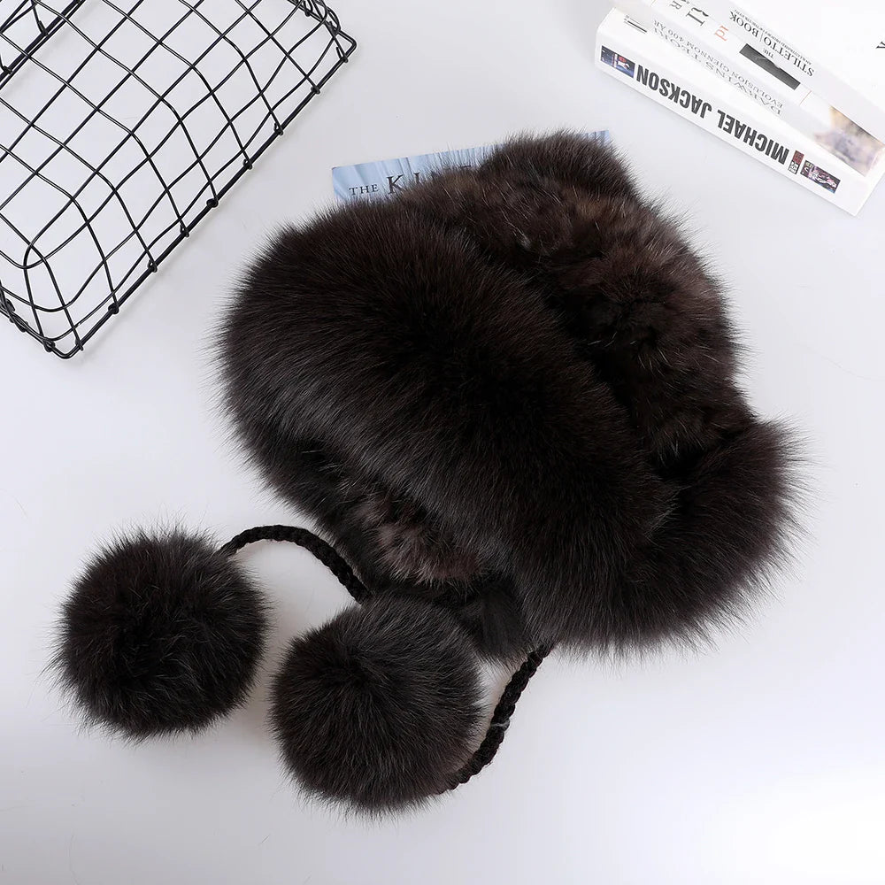 Luxury Women's Winter Genuine Sable Fur Trapper Bomber Hats Mink Fur Ear Flap Caps Helmet Russian Warm Headwear Fox Fur Pom Poms