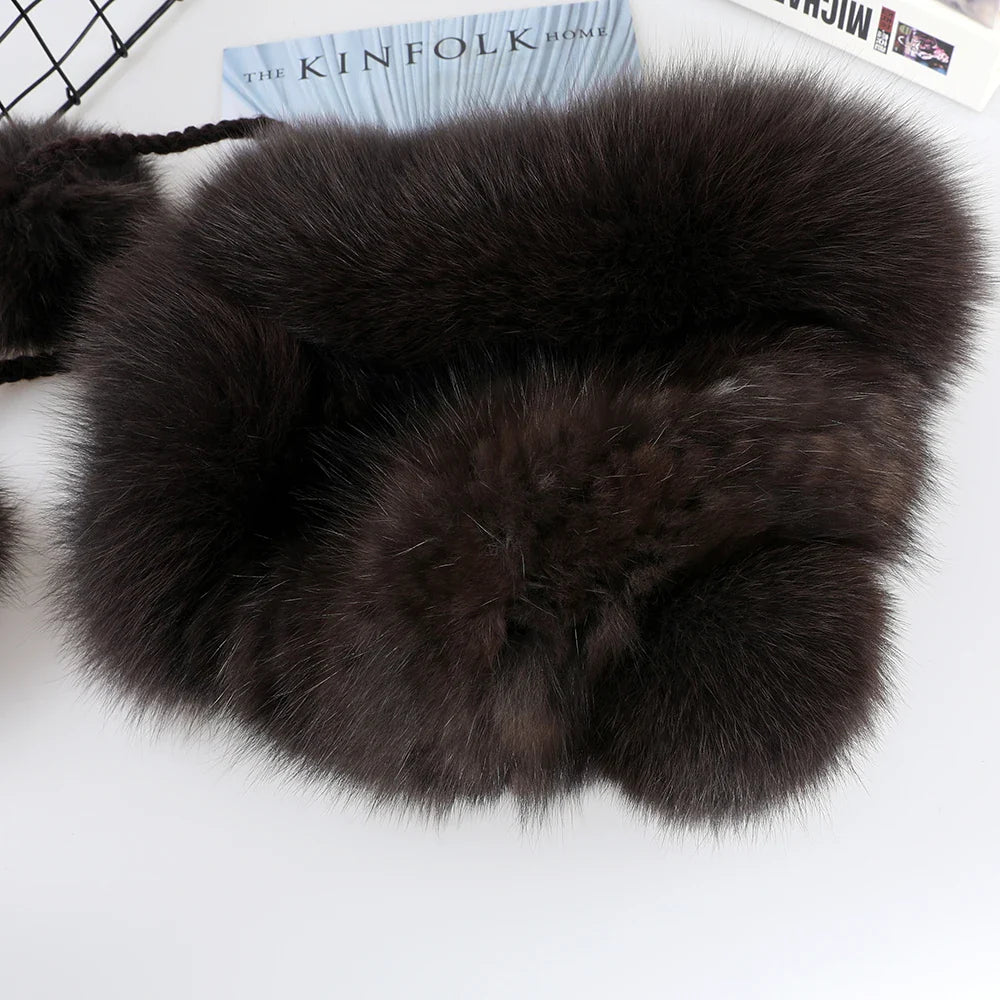 Luxury Women's Winter Genuine Sable Fur Trapper Bomber Hats Mink Fur Ear Flap Caps Helmet Russian Warm Headwear Fox Fur Pom Poms