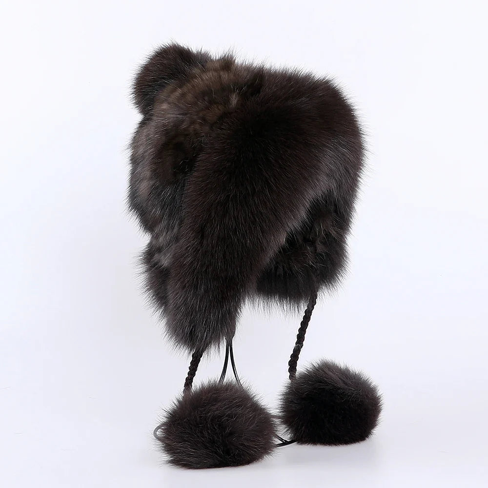 Luxury Women's Winter Genuine Sable Fur Trapper Bomber Hats Mink Fur Ear Flap Caps Helmet Russian Warm Headwear Fox Fur Pom Poms