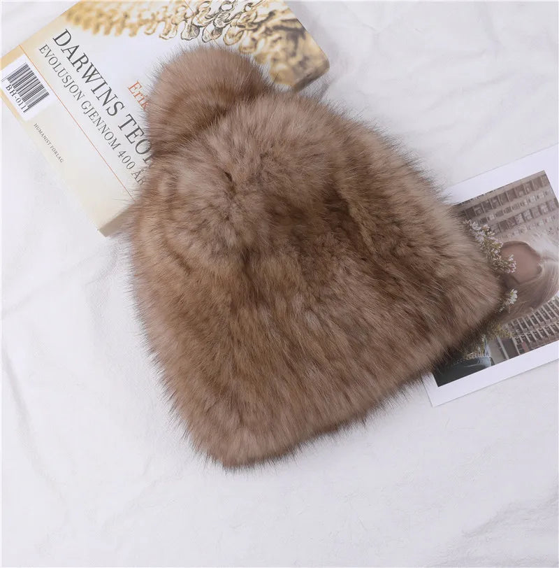 Luxyru Women's Winter Knitted 100% Real Sable Fur hat Fur Beanie Russian Mink Fur Cap With Fox Fur Pom Poms Female Warm Thick