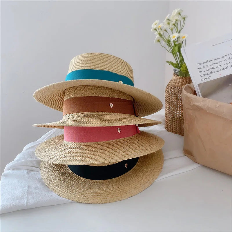 Natural Straw Boater Top Flat Hat for Women Summer Beach Flat Brim Cap With Ribbon For Holiday Party chapeau femme