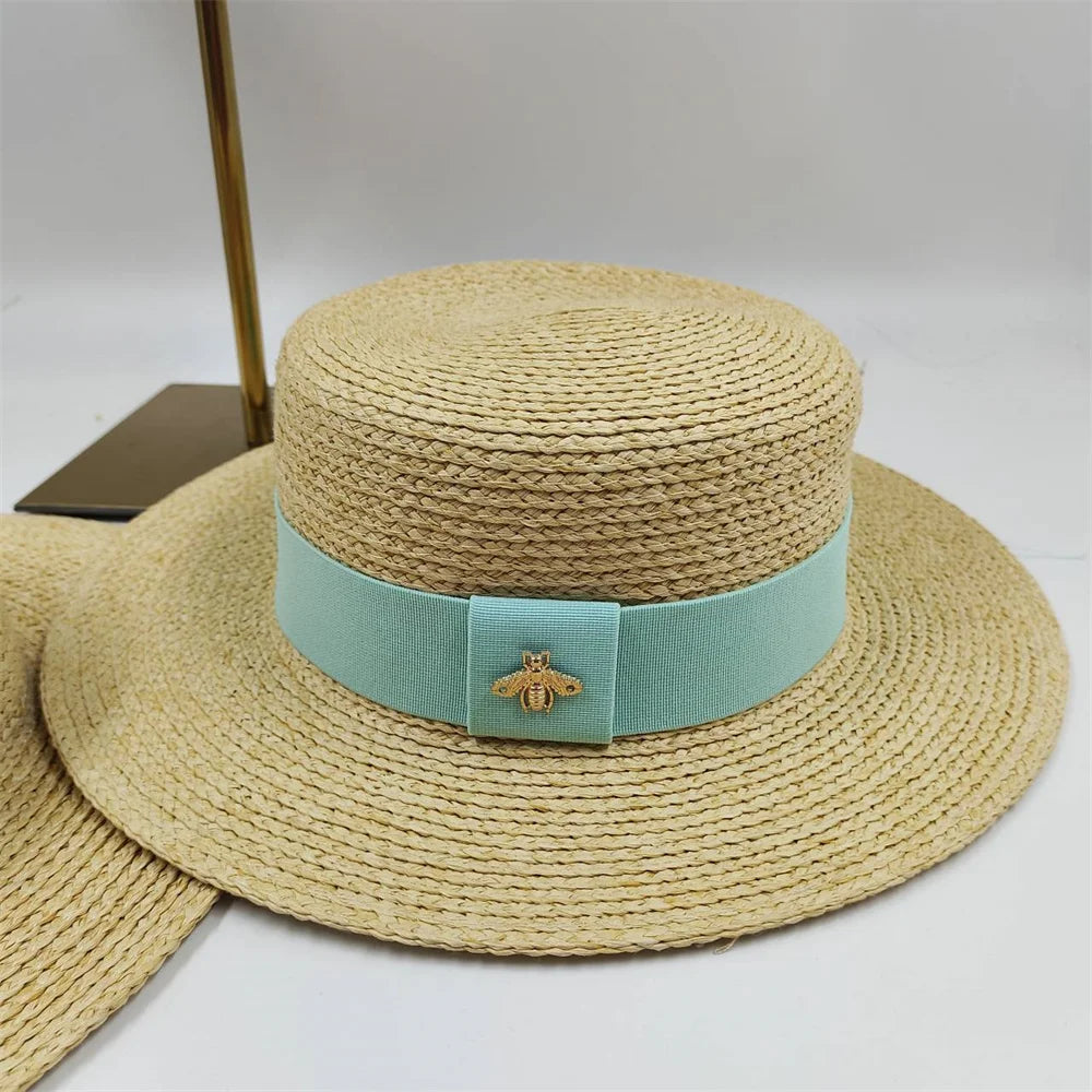 Natural Straw Boater Top Flat Hat for Women Summer Beach Flat Brim Cap With Ribbon For Holiday Party chapeau femme