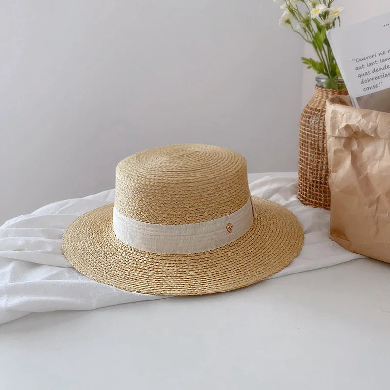 Natural Straw Boater Top Flat Hat for Women Summer Beach Flat Brim Cap With Ribbon For Holiday Party chapeau femme