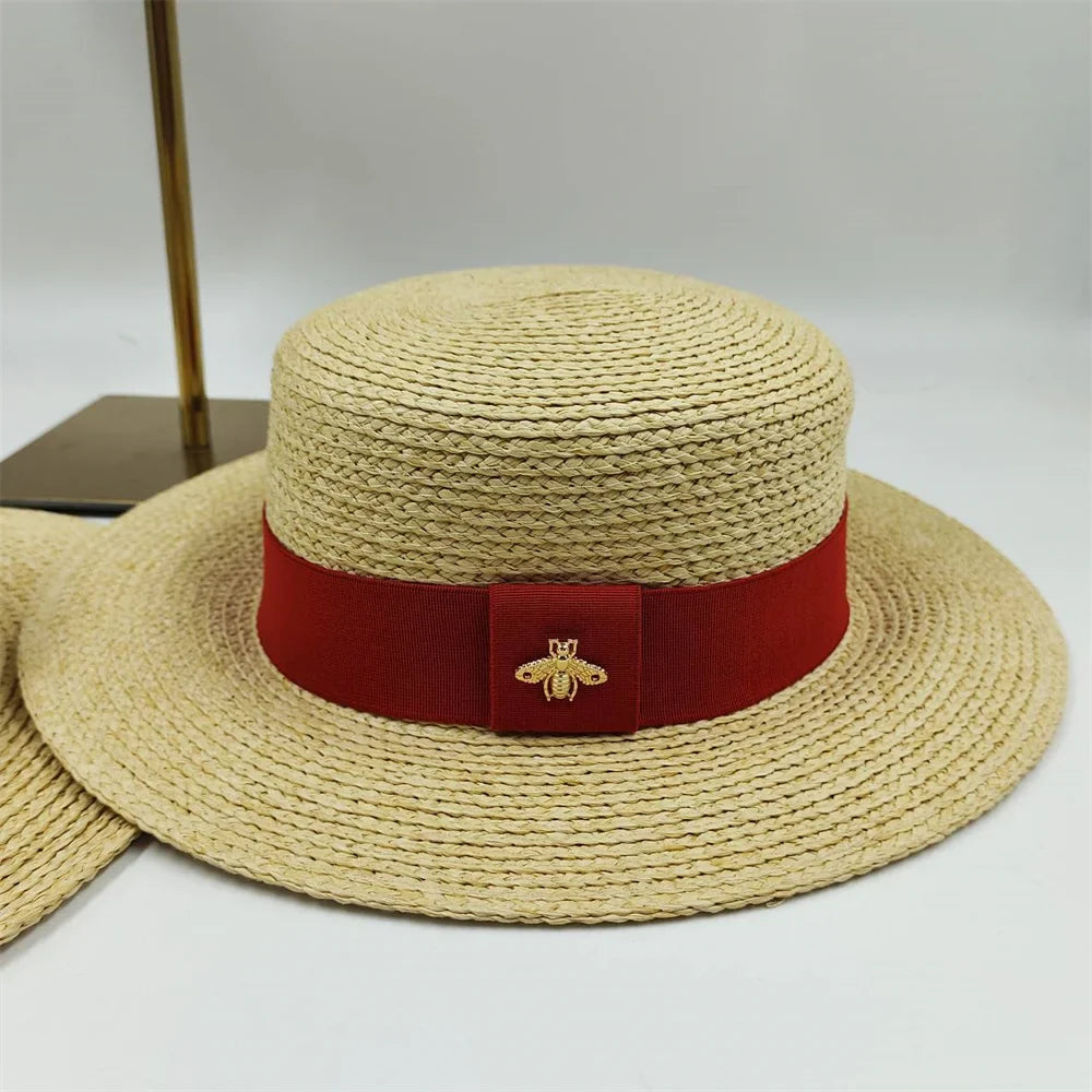 Natural Straw Boater Top Flat Hat for Women Summer Beach Flat Brim Cap With Ribbon For Holiday Party chapeau femme