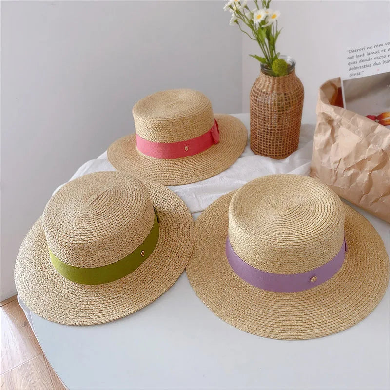 Natural Straw Boater Top Flat Hat for Women Summer Beach Flat Brim Cap With Ribbon For Holiday Party chapeau femme