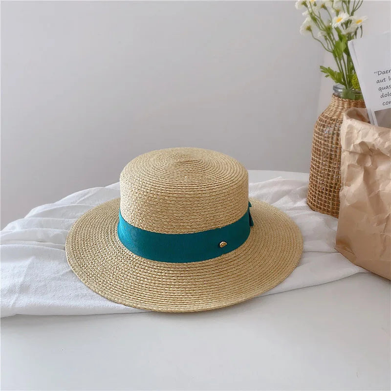 Natural Straw Boater Top Flat Hat for Women Summer Beach Flat Brim Cap With Ribbon For Holiday Party chapeau femme