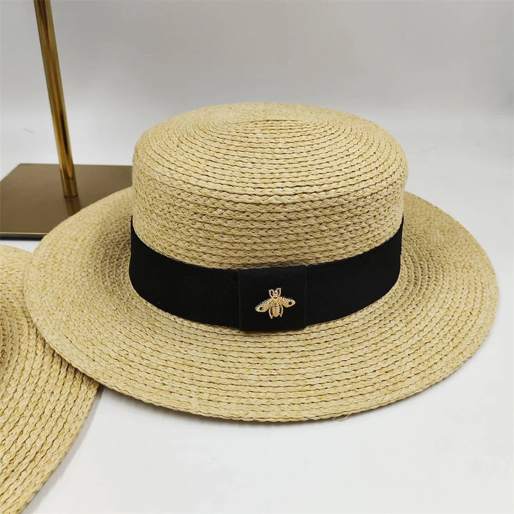 Natural Straw Boater Top Flat Hat for Women Summer Beach Flat Brim Cap With Ribbon For Holiday Party chapeau femme