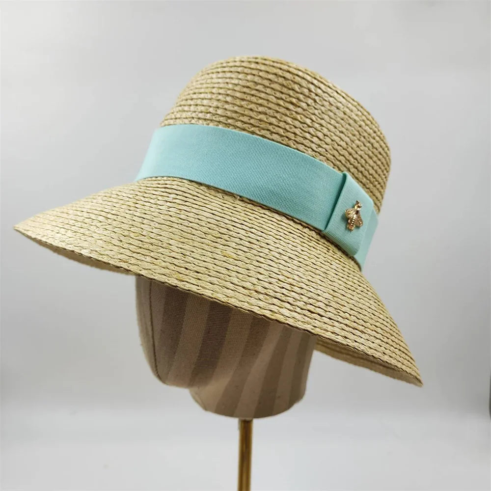 Natural Straw Boater Top Flat Hat for Women Summer Beach Flat Brim Cap With Ribbon For Holiday Party chapeau femme