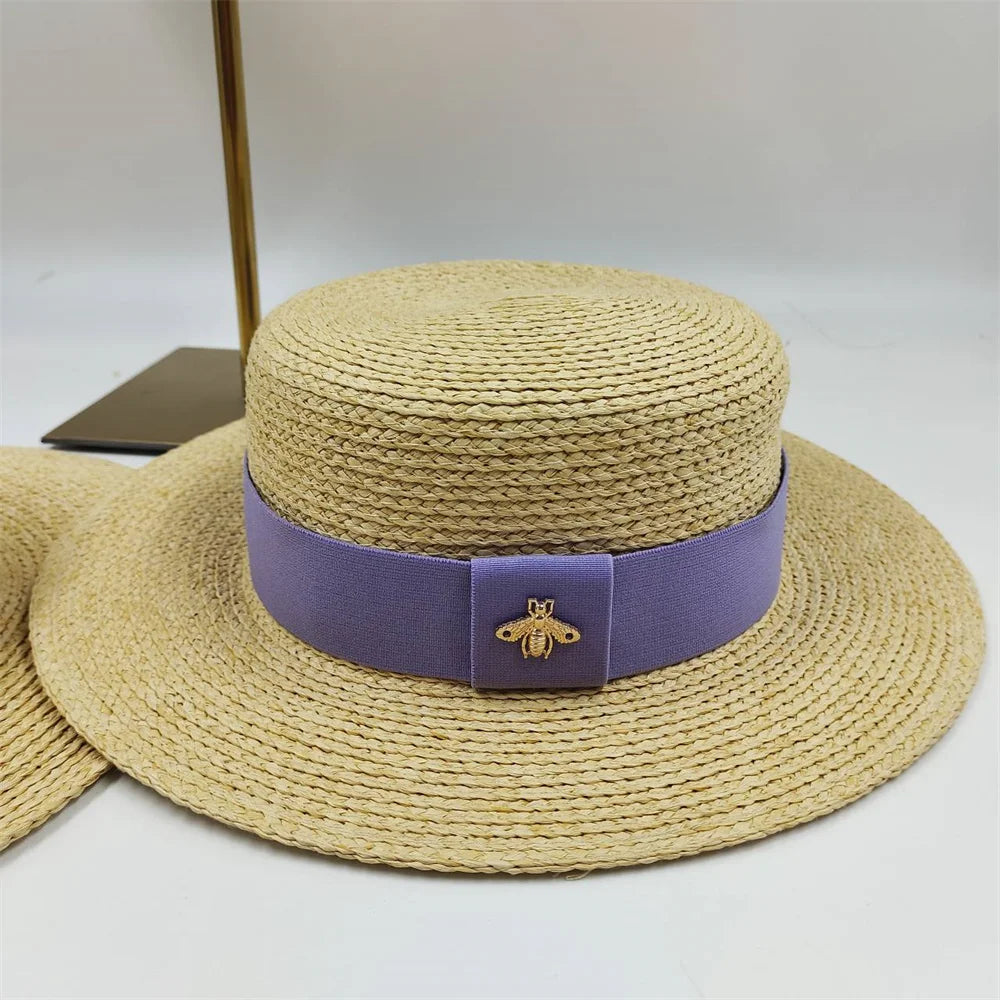 Natural Straw Boater Top Flat Hat for Women Summer Beach Flat Brim Cap With Ribbon For Holiday Party chapeau femme